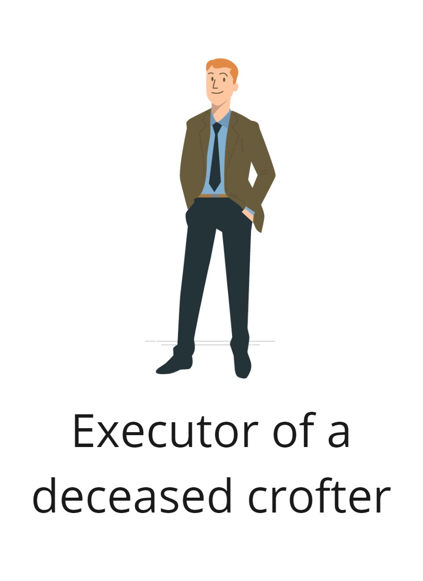 Graphic of a man in a suit and the text Executor of the deceased tenant crofter.