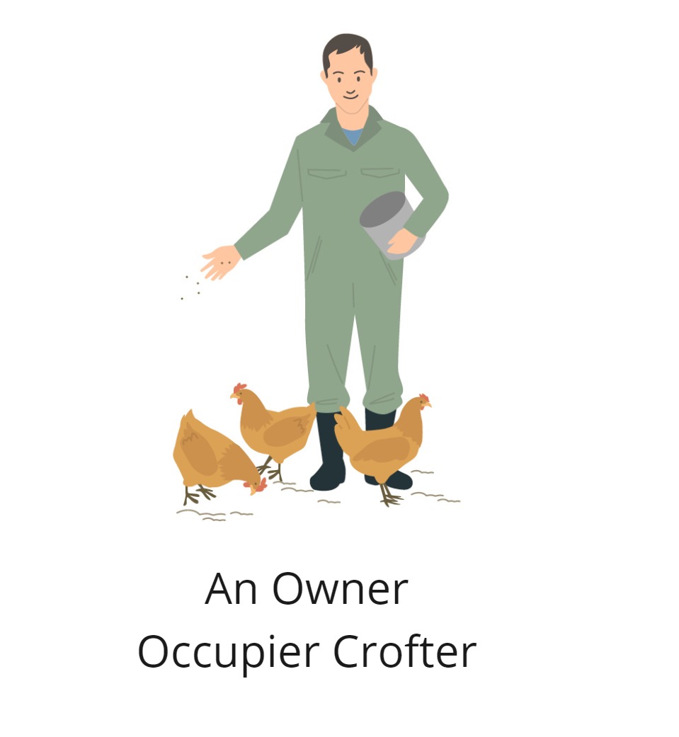 Graphic of a man feeding chickens and the text owner occupier crofter